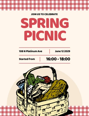Free  Template: Invitación a picnic a cuadros color crema y rojo