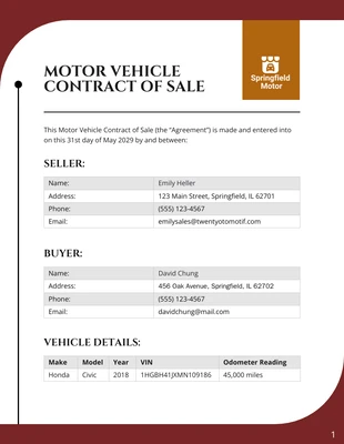 Free  Template: Motor Vehicle Contract of Sale Template