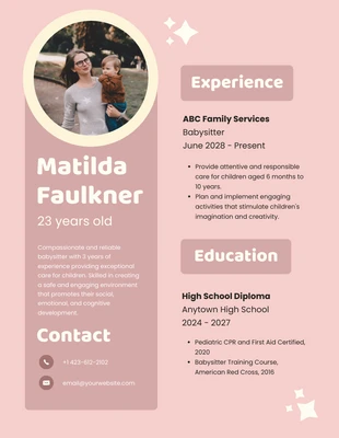 Free  Template: Pink Colour Babysitter Resume