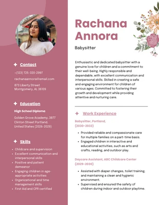 Free  Template: Pink and White Floral Babysitter Resume