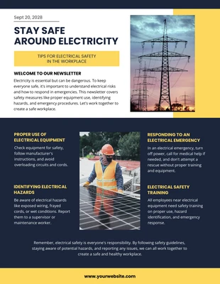 Free  Template: Amarelo roxo escuro Boletim informativo sobre segurança elétrica