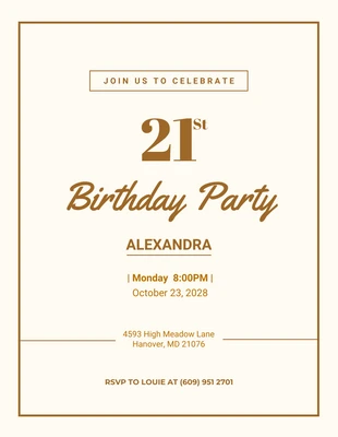 Free  Template: Invitación de 21.o cumpleaños minimalista beige y marrón