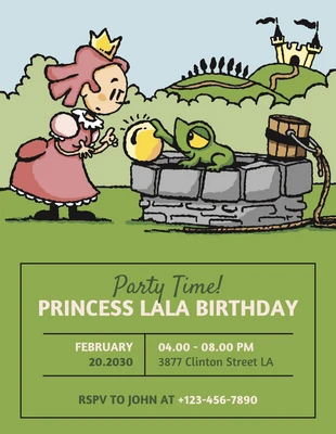 Free  Template: التوضيح الأخضر لعوب الأميرة دعوة عيد ميلاد