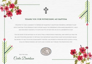 Free  Template: Cartão de agradecimento de batismo de adulto com testemunha floral