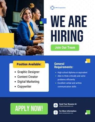 Free  Template: Blue and Yellow Modern Job Hiring Poster