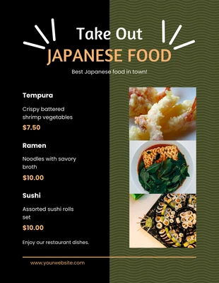 Free  Template: Menus à emporter de cuisine japonaise minimaliste noir et vert