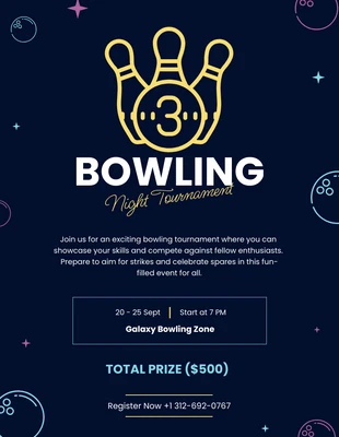 Free  Template: Navy Minimalistische und farbenfrohe Bowling Nacht Turnier Flyer