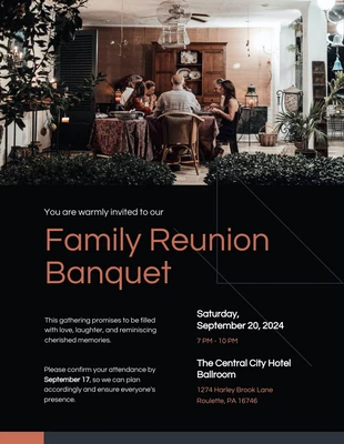 Free  Template: Invitación al banquete de reunión familiar en negro y coral