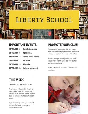 Free  Template: Bulletin d'information de l'école Yellow Bookshelf