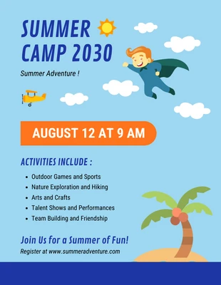 Free  Template: ملصق توضيحي مرح باللون الأزرق للمخيم الصيفي للأطفال