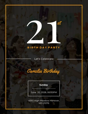 Free  Template: Schwarze und gelbe einfache Einladung zum 21. Geburtstag