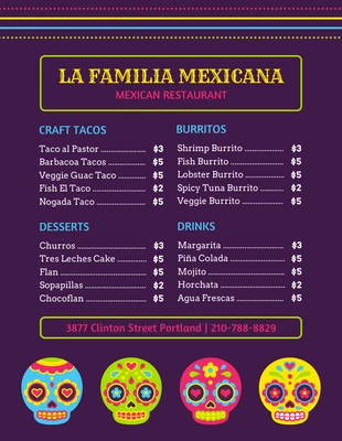 Free  Template: Menu mexicano moderno clássico roxo escuro