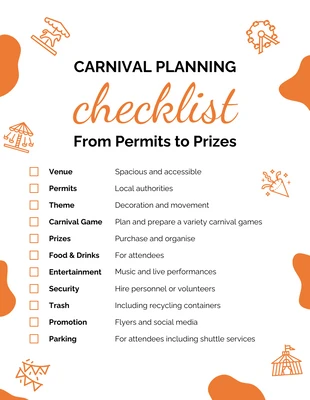 Free  Template: Lista de verificação minimalista de planejamento do Carnaval Laranja Branco