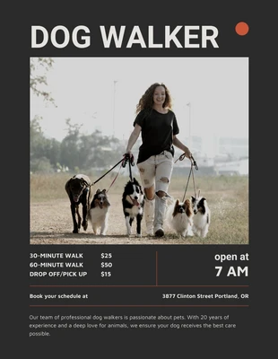 Free  Template: Moderner schwarz-orangefarbener Dog Walker Flyer