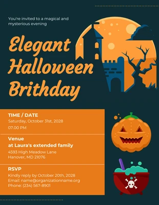 Blue Dark Illustrated Minimalist Elegant Halloween Birthday Invitation