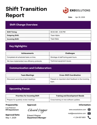 Free  Template: Shift Transition Report Template
