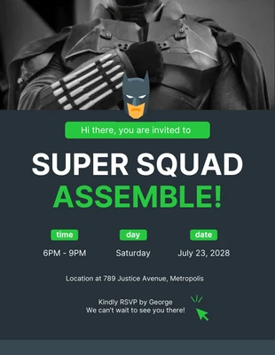 Free  Template: Convite Super-herói Cinzento Escuro e Verde