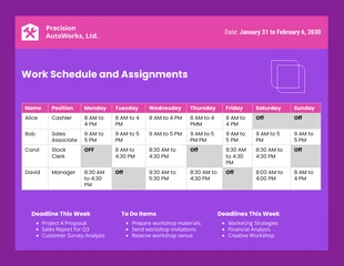 Free  Template: نموذج جدول ورشة عمل الموظفين الوردي والأرجواني