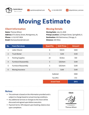 business  Template: Modèle d'estimation de déménagement