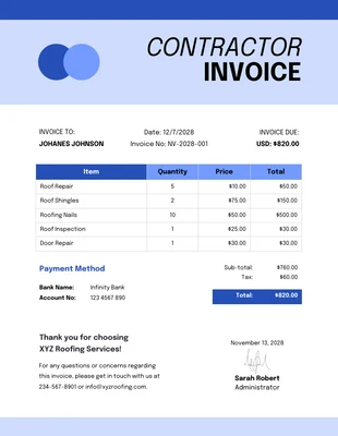 Free  Template: Modern Sky Blue Contractor Invoice