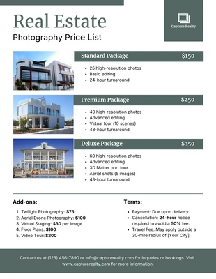 business  Template: Real Estate Photography Price List Template