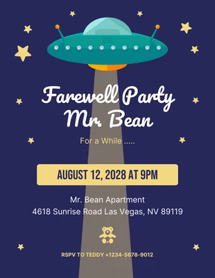 Free  Template: Convite para festa de despedida do Ufo Mr. Bean, azul, lúdico e alegre