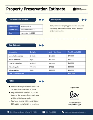 premium  Template: Modèle d'estimation de préservation de la propriété