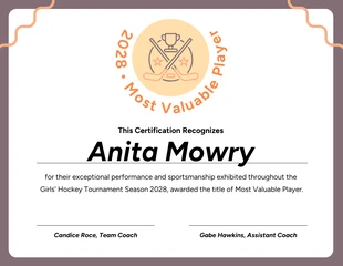 Free  Template: Certificat sportif du joueur le plus précieux