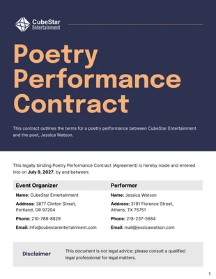 Free  Template: Modello di contratto per performance di poesia