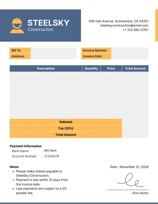 business  Template: Blue and Yellow Minimalist Construction Invoice