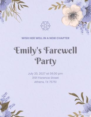 Free  Template: Convite para festa de despedida com ilustração moderna de uma flor azul e roxa