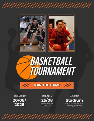 Free  Template: Schwarzes und orangefarbenes modernes geometrisches Basketballturnier-Poster