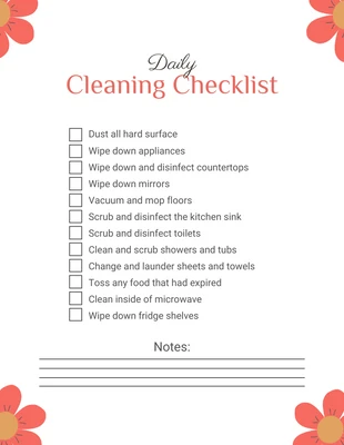 Free  Template: Lista di controllo per la pulizia giornaliera floreale semplice bianca