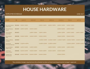 Free  Template: Brown Hardware Employee Schedule