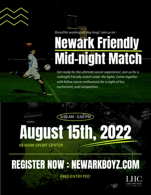 Free  Template: Black and Yellow Green Midnight Friendly Soccer Match Poster