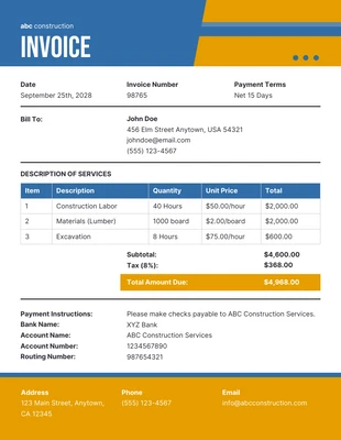 Free  Template: Simple Blue and Yellow Construction Invoice