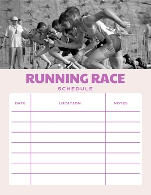 Free  Template: قالب جدول سباق الجري بتصميم نظيف باللون الوردي الفاتح والأرجواني