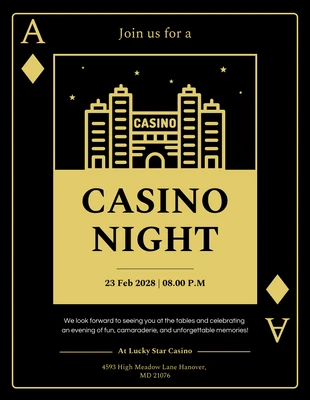 Free  Template: Invitaciones minimalistas de casino en negro y dorado