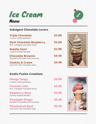 Free  Template: Menú simple de helados de color cremoso