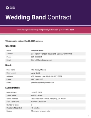 Free  Template: Wedding Band Contract Template