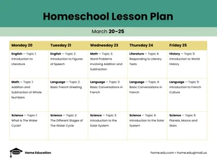 Free  Template: Plantilla de plan semanal de lecciones de educación en casa