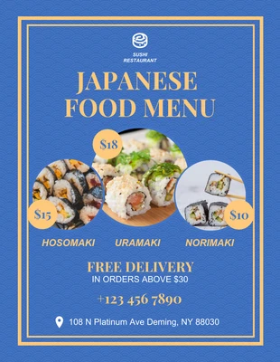 Free  Template: Blauer minimalistischer Flyer für ein japanisches Restaurant