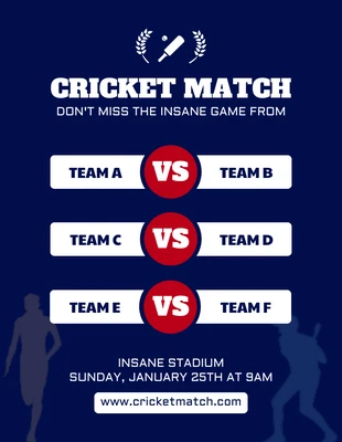 Free  Template: Modèle de calendrier de match de cricket minimaliste bleu