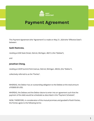 Free  Template: Acuerdo de pago verde