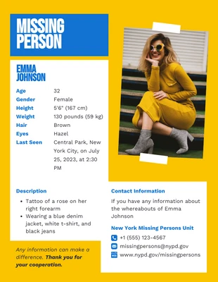 Free  Template: Semplice poster giallo e blu per persona scomparsa