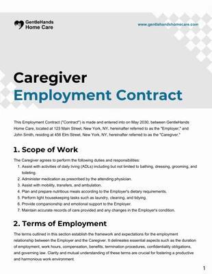 Free  Template: Plantilla de contrato de trabajo para cuidadores