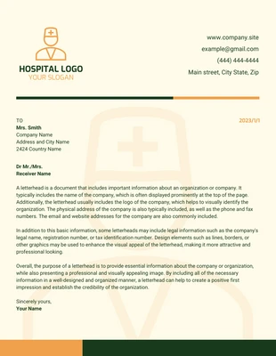 Free  Template: Hellgelbe, einfarbige, moderne Krankenhaus-Briefkopfvorlage