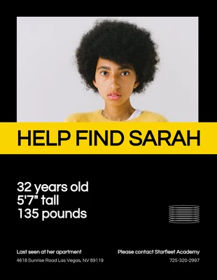 Free  Template: Poster moderno giallo e nero per persona scomparsa