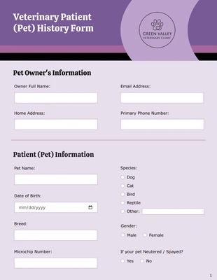 business interactive Template: Veterinary Patient History Form Template