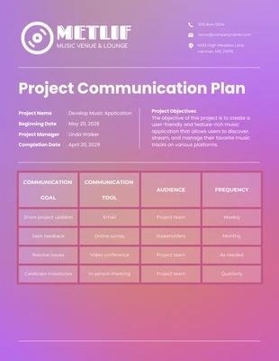 Free  Template: Purple Gradient Music Project Communication Plan